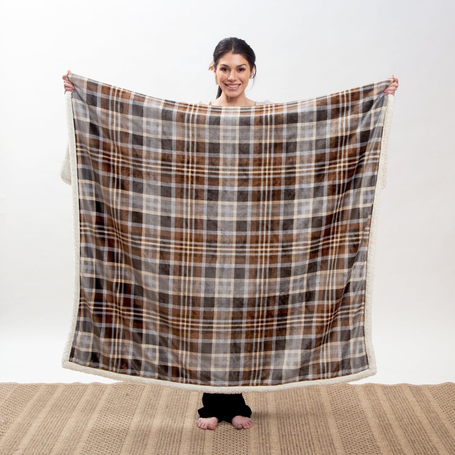 Gray & Chestnut Plaid Plush Sherpa Throw