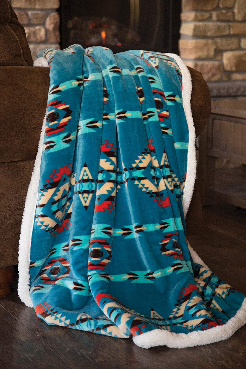 Turquoise Southwest Plush Sherpa Throw