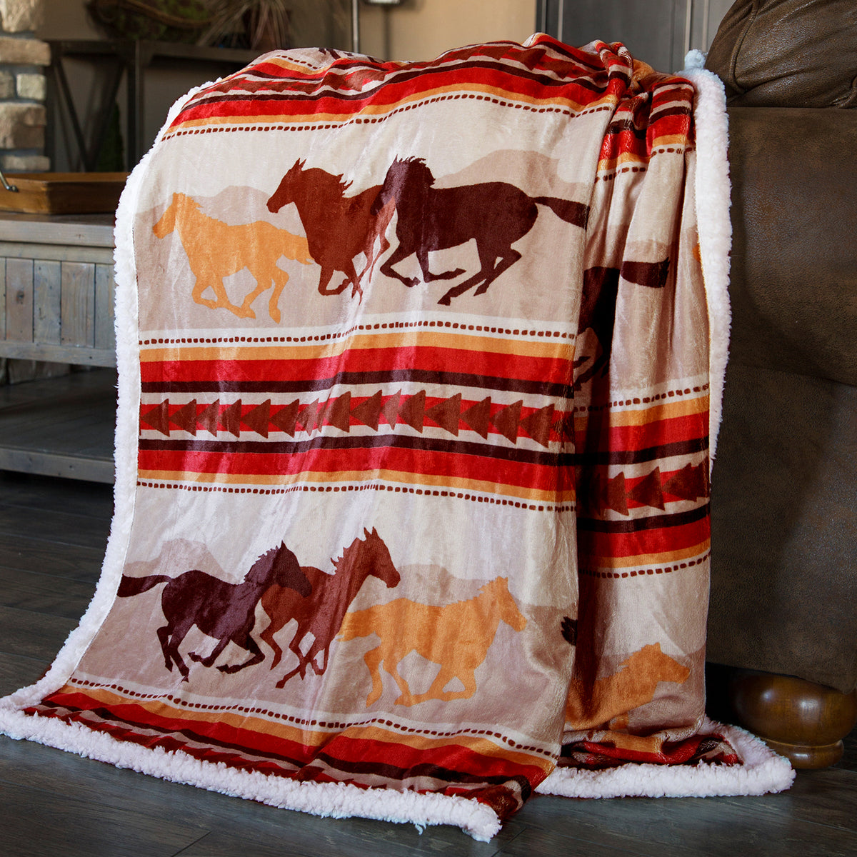 Throw blankets with shop horses on them