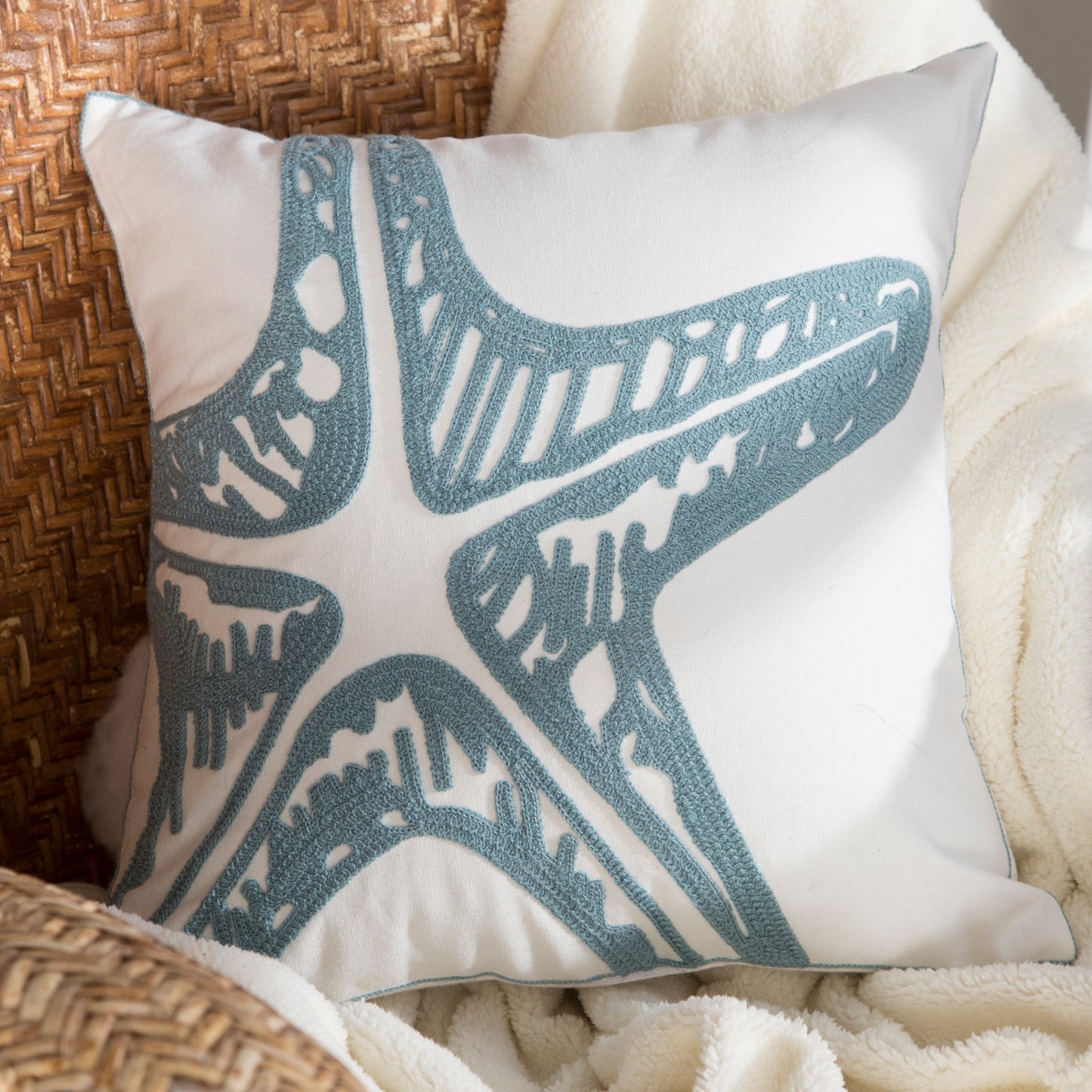 Blue Starfish Chain Stitch Pillow