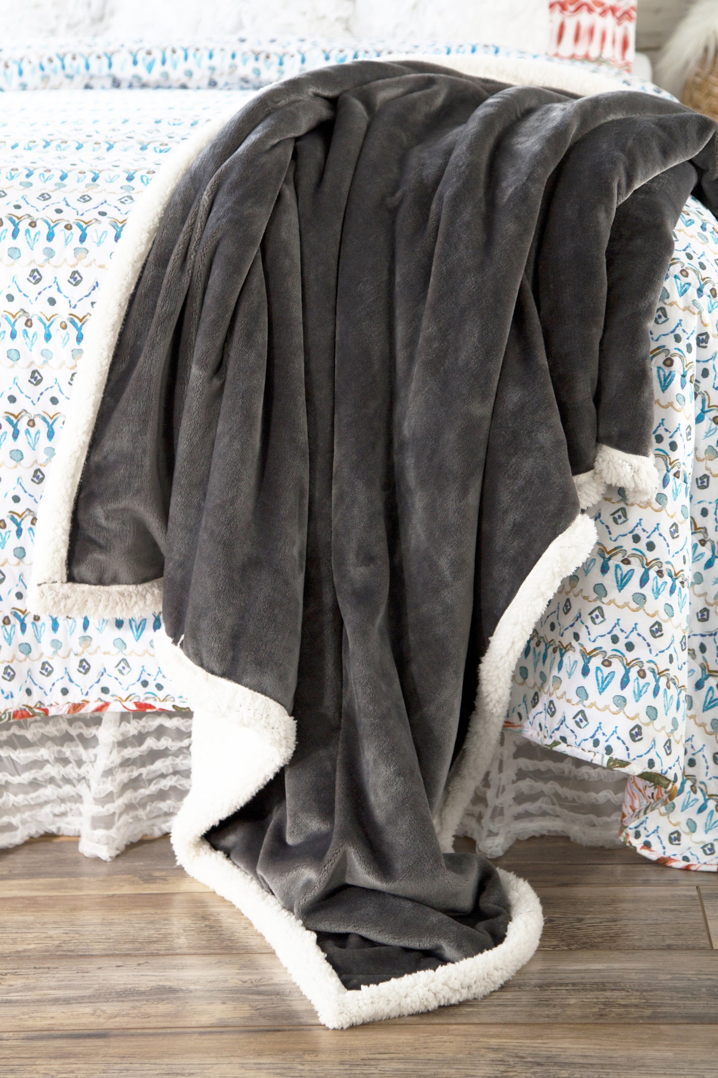Grey Plush Sherpa Throw