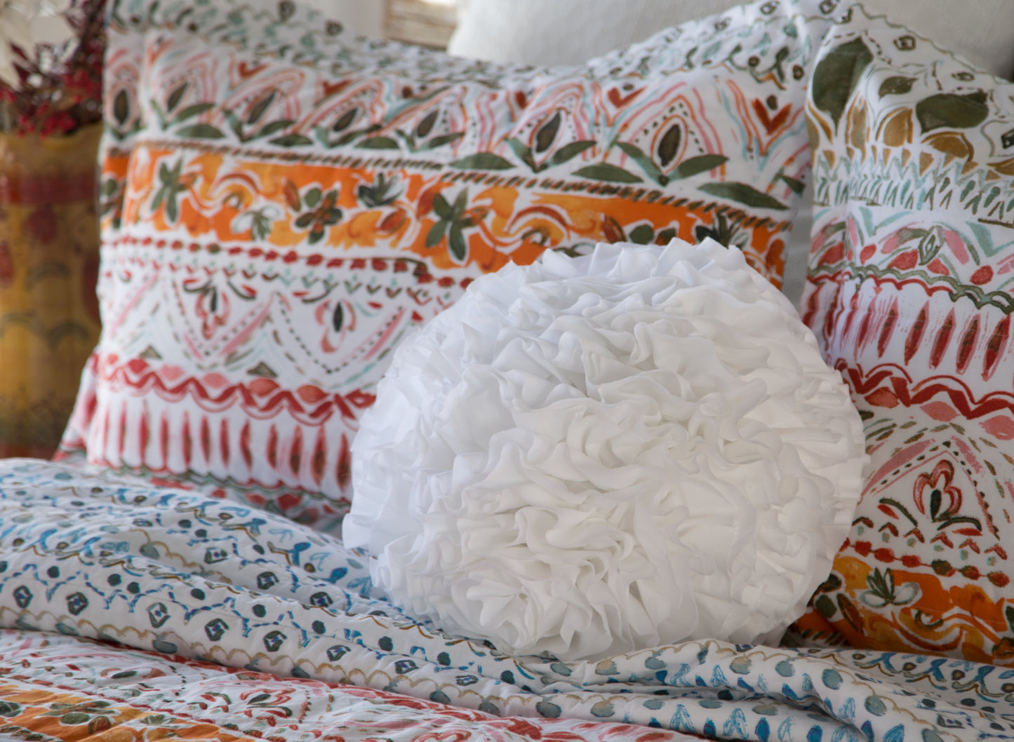 White Ruffled Ball Pillow