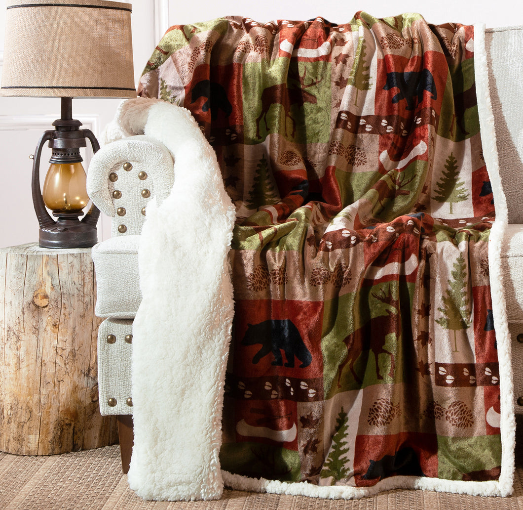 Patchwork Lodge Plush Sherpa Throw