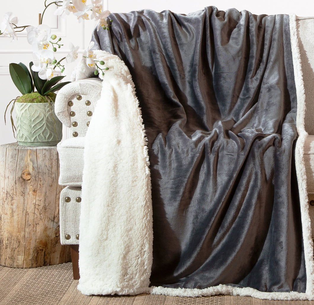 Grey Plush Sherpa Throw