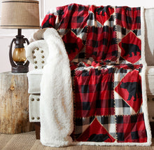 Load image into Gallery viewer, Lumberjack Bear Red Plaid Plush Sherpa Throw