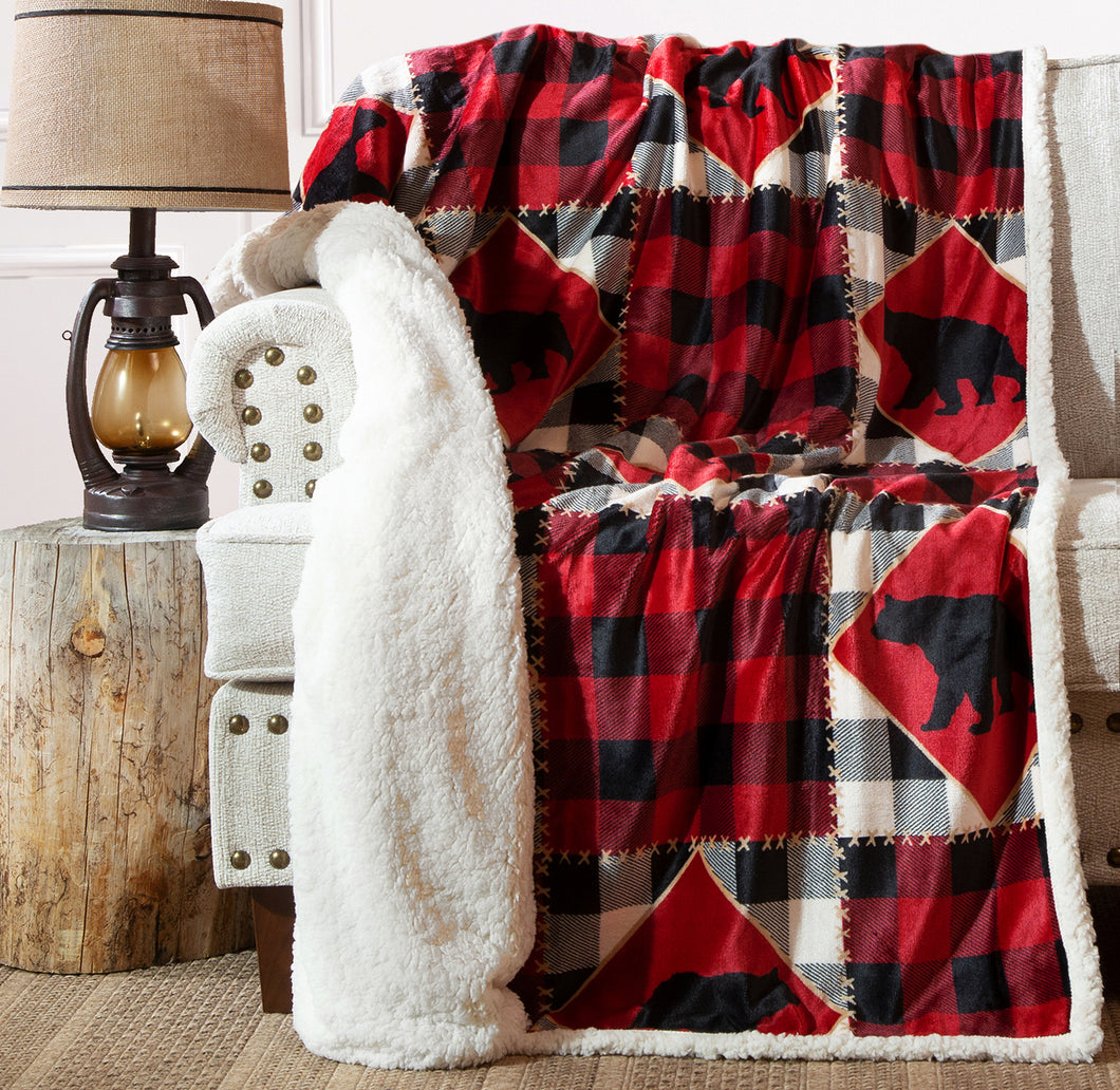 Lumberjack Bear Red Plaid Plush Sherpa Throw