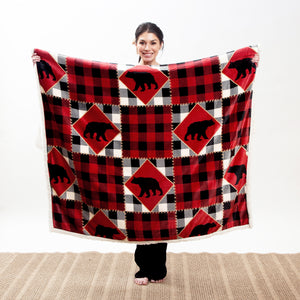 Lumberjack Bear Red Plaid Plush Sherpa Throw