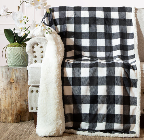 Black & White Lumberjack Plaid Plush Sherpa Throw