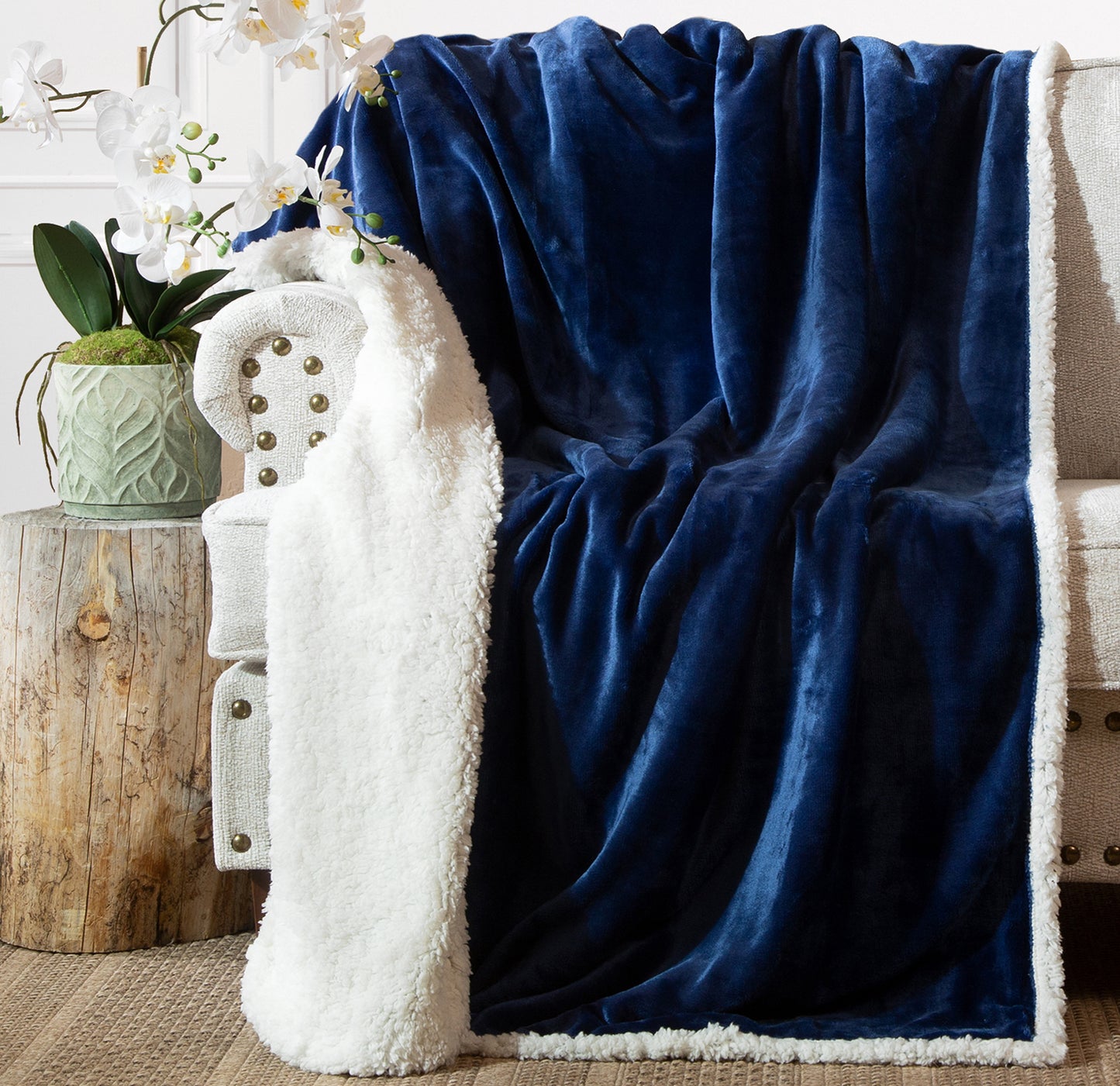 Navy Blue Plush Sherpa Throw