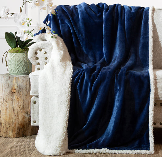 Navy Blue Plush Sherpa Throw