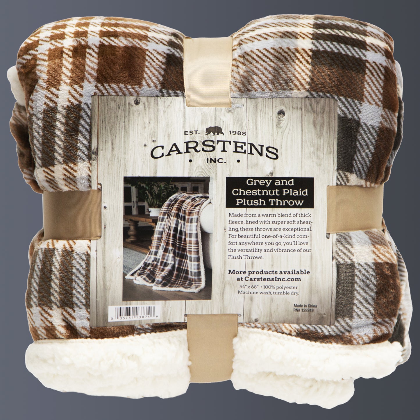 Gray & Chestnut Plaid Plush Sherpa Throw