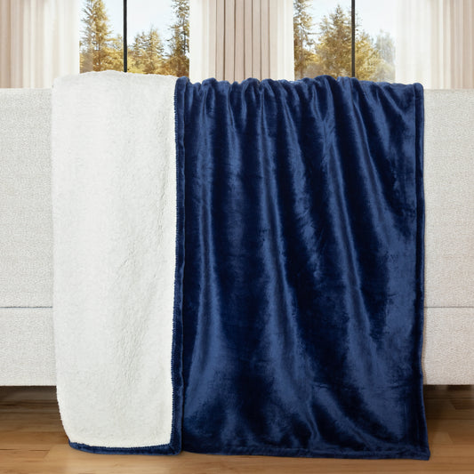 Navy Blue Plush Sherpa Throw