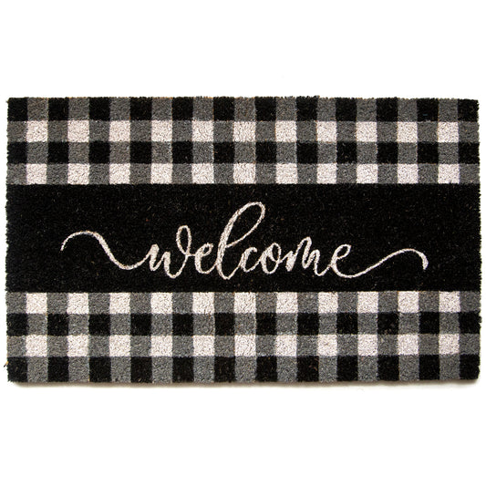 Black and White Check Welcome Coir Mat