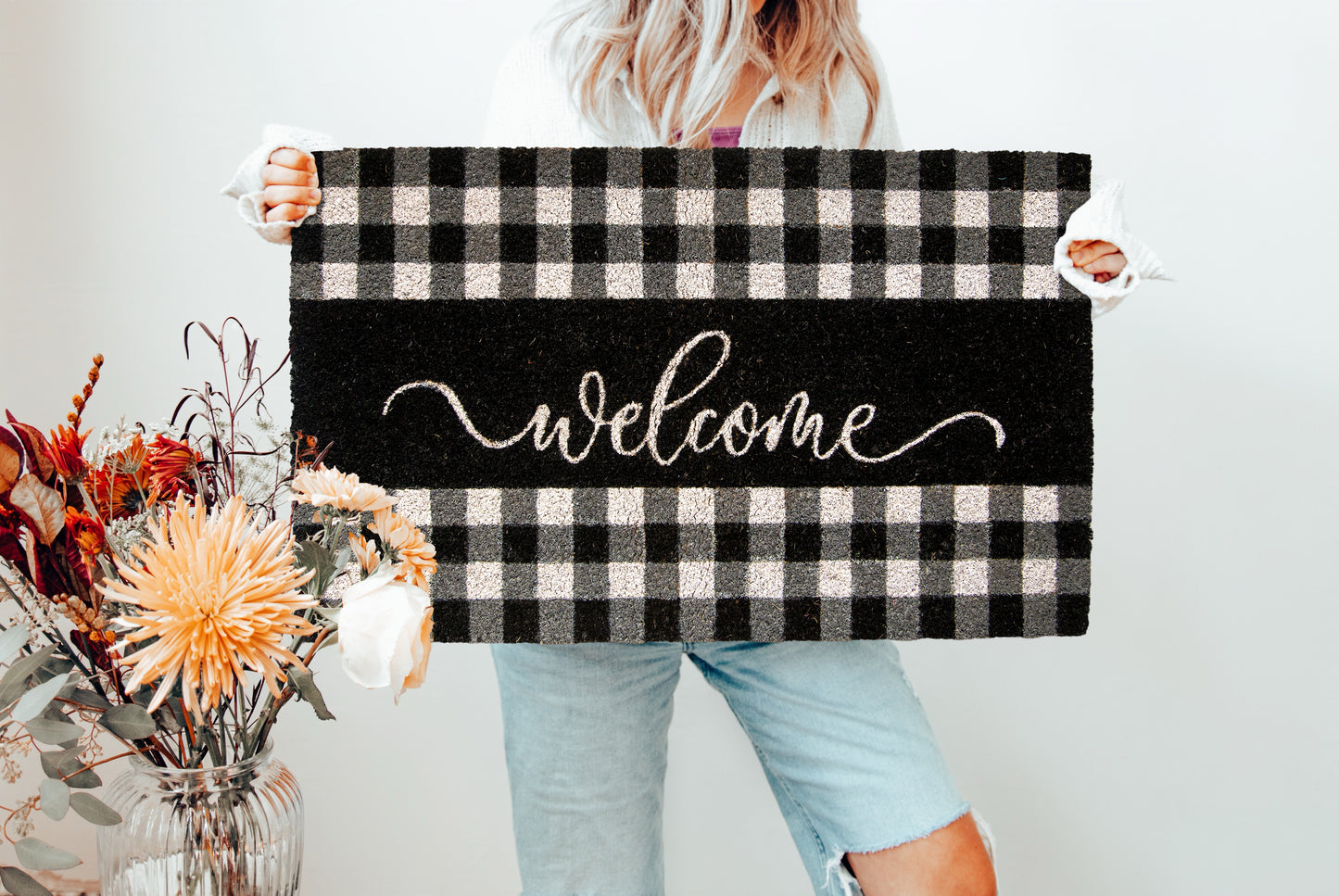 Black and White Check Welcome Coir Mat