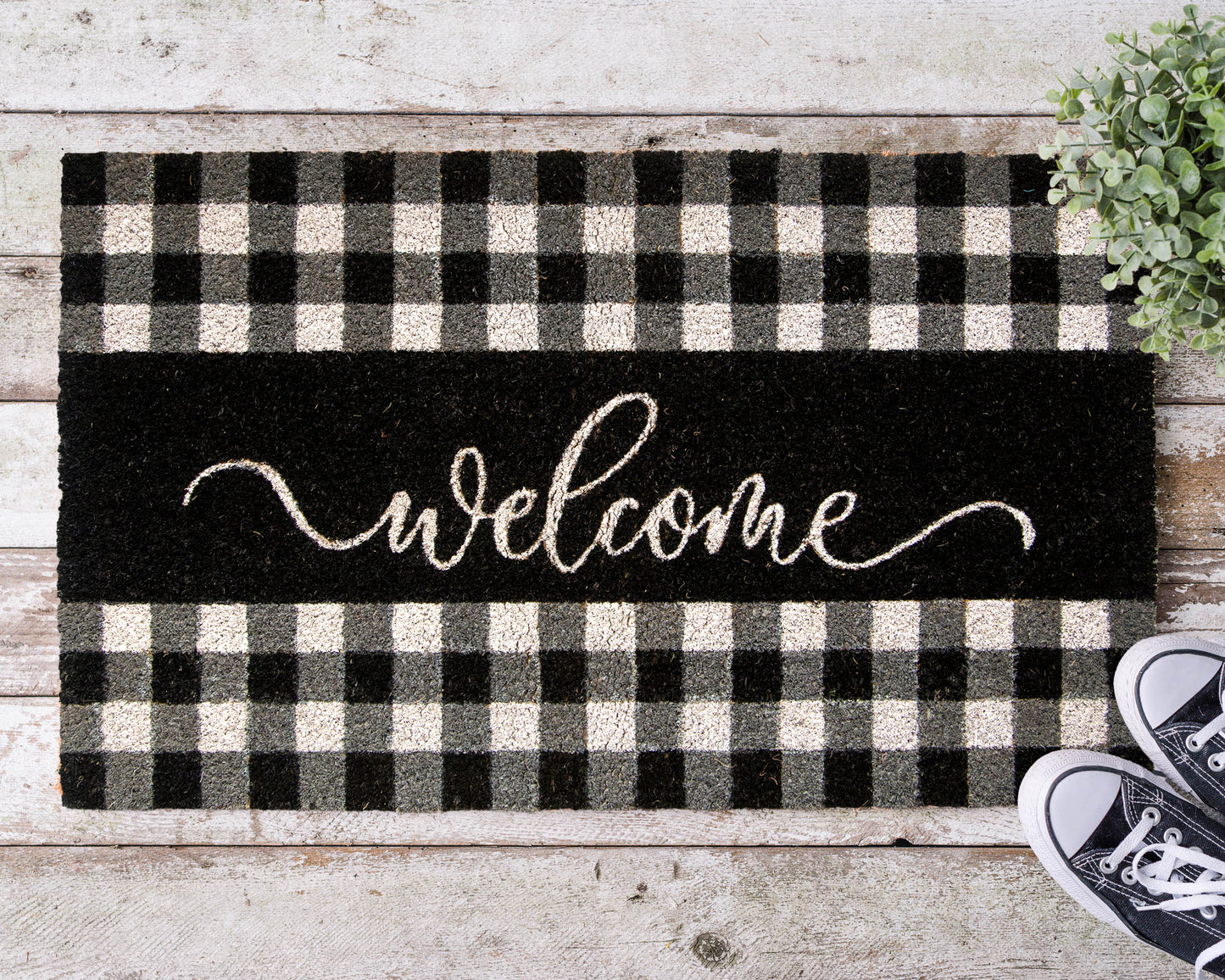 Black and White Check Welcome Coir Mat