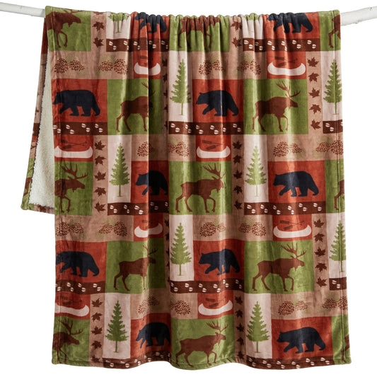 Patchwork Lodge Plush Sherpa Throw