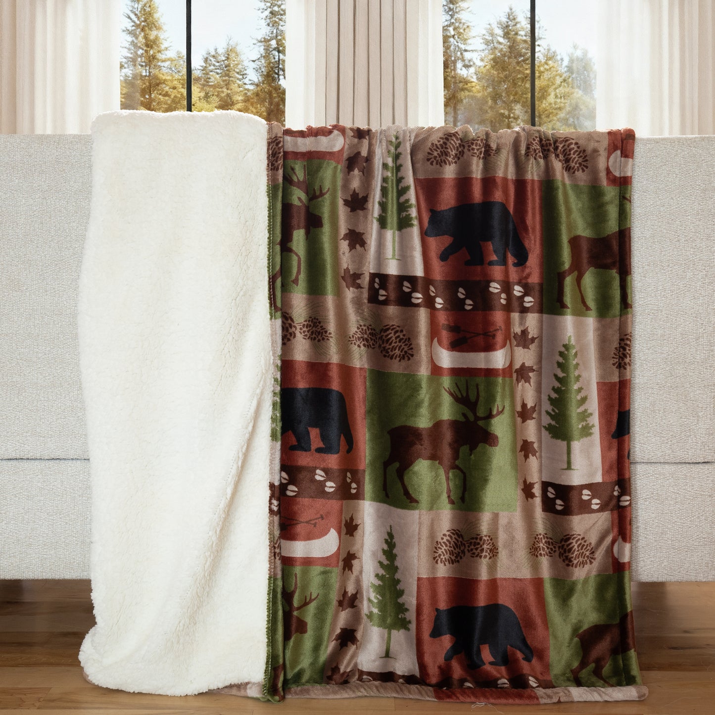 Patchwork Lodge Plush Sherpa Throw