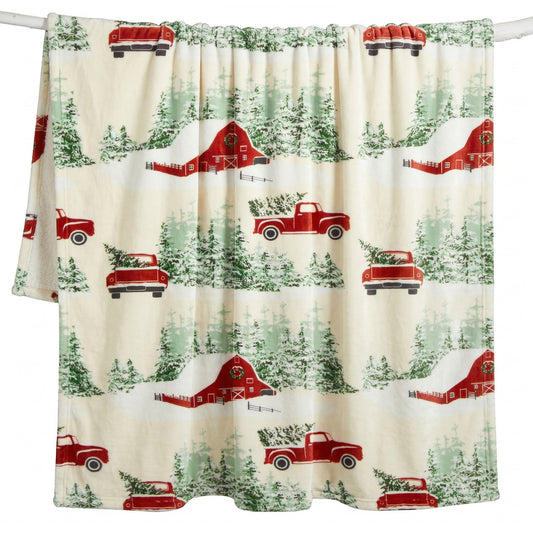 Christmas Barn and Truck Plush Sherpa Throw