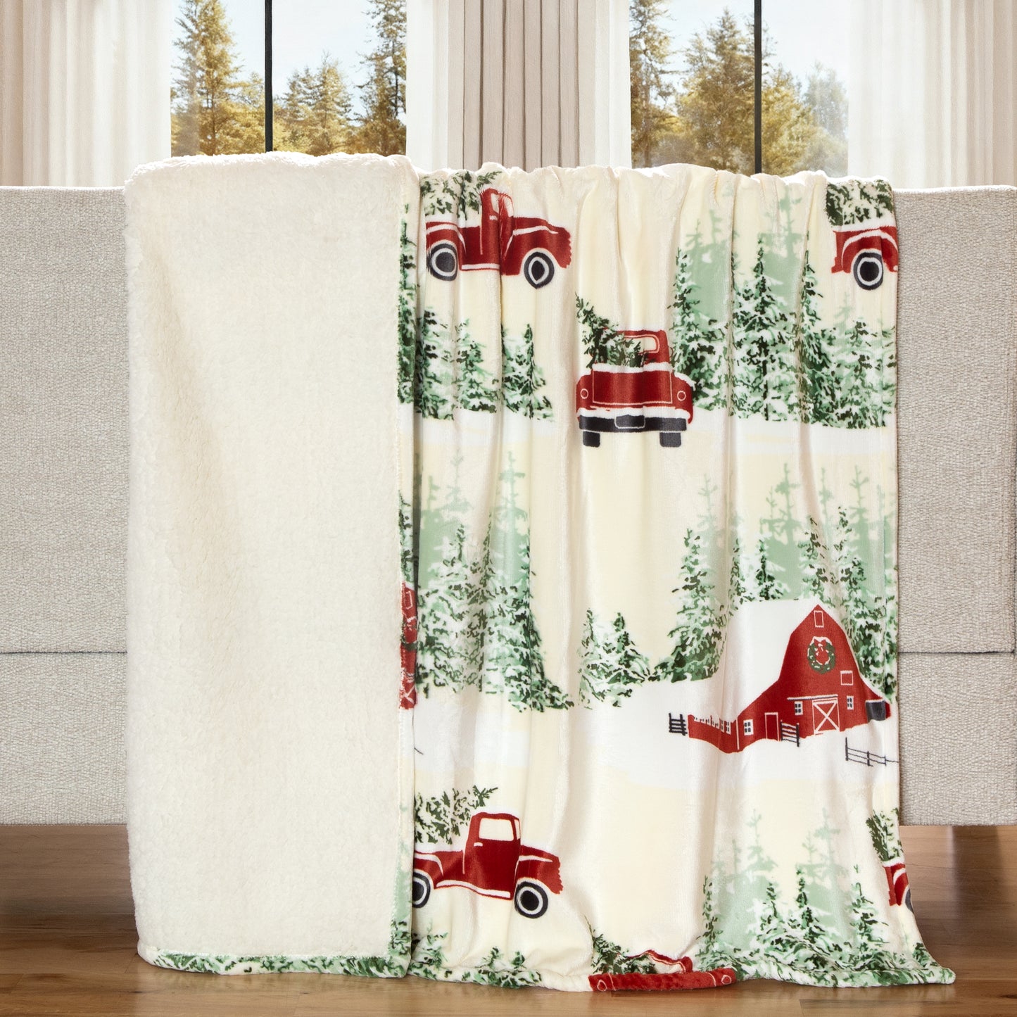 Christmas Barn and Truck Plush Sherpa Throw