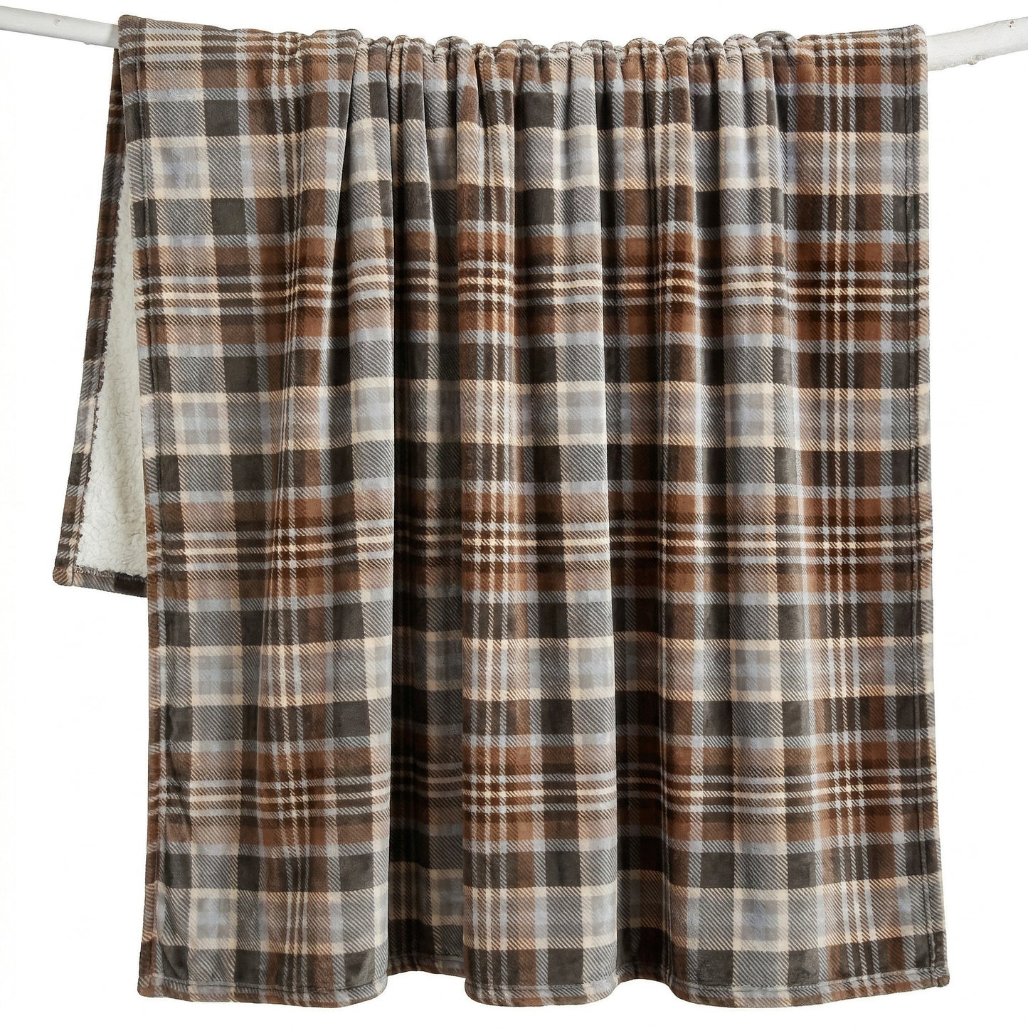 Gray & Chestnut Plaid Plush Sherpa Throw