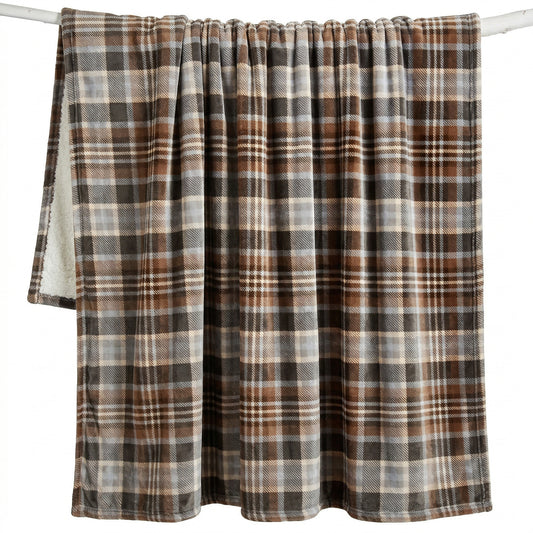 Gray & Chestnut Plaid Plush Sherpa Throw