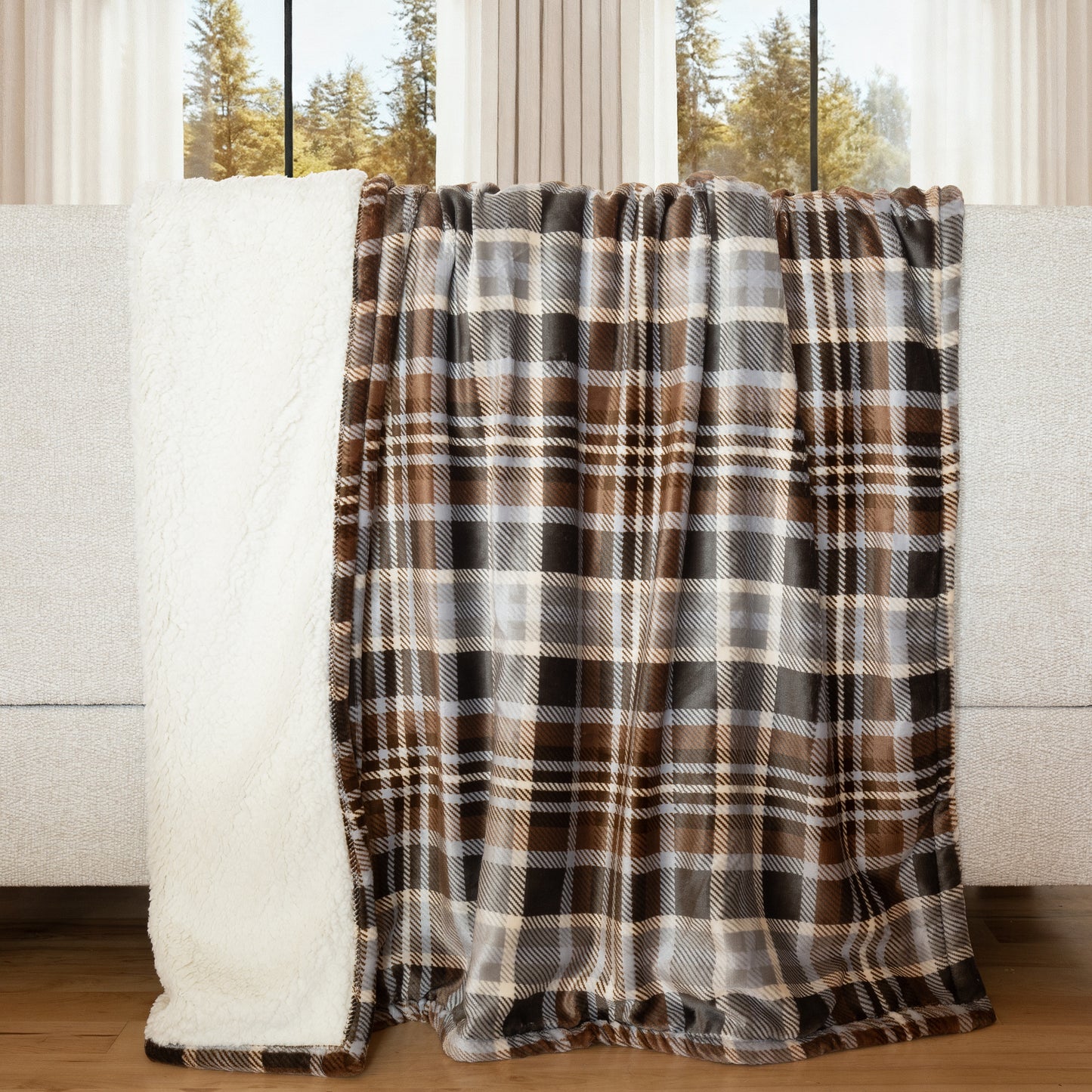 Gray & Chestnut Plaid Plush Sherpa Throw