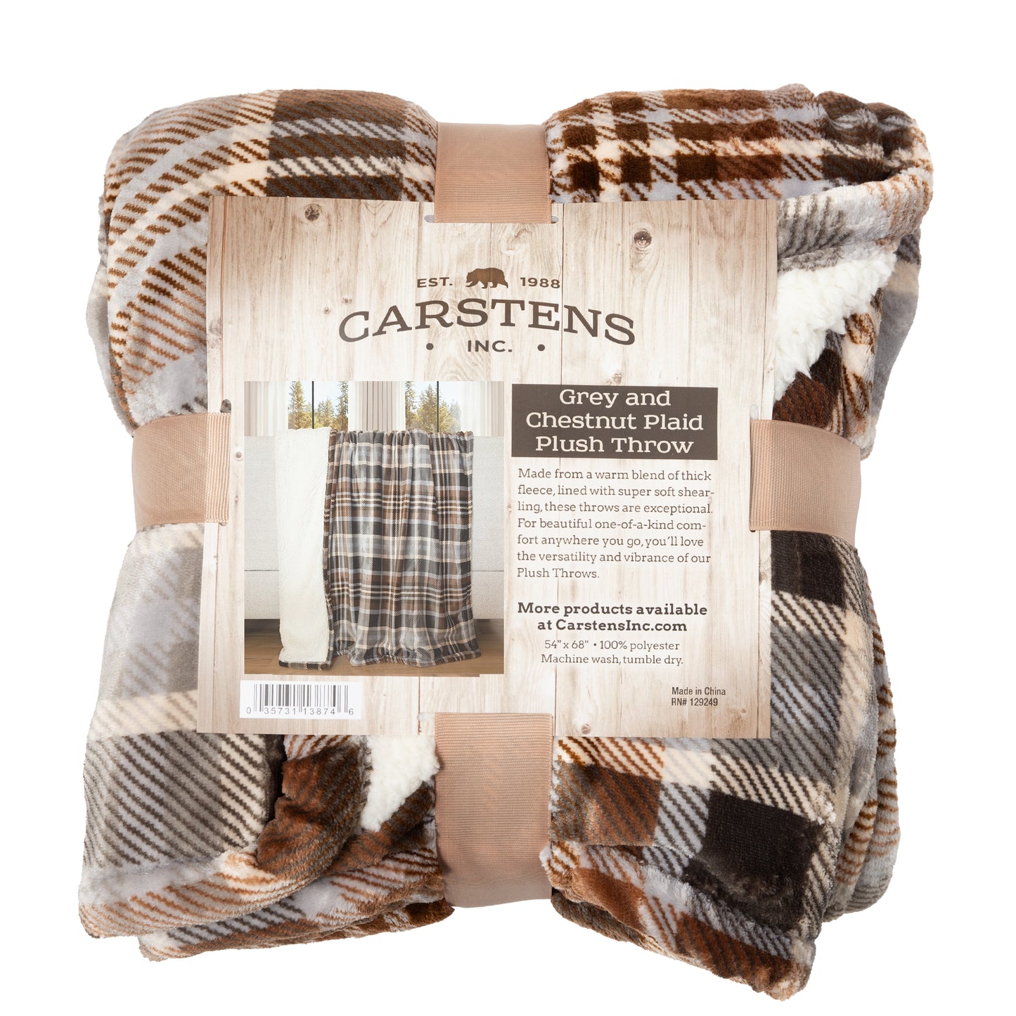 Gray & Chestnut Plaid Plush Sherpa Throw