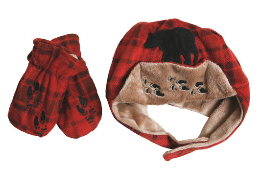 Red Plaid Bear Baby Hat & Mitten Set