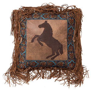 Rearing Horse Faux Leather Fringe Pillow 18x18