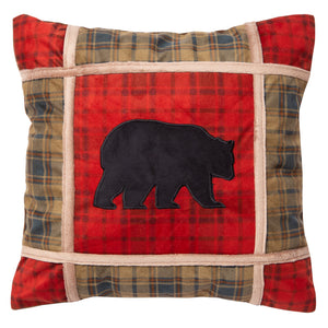 Red Plaid Bear Grid Rustic Throw Pillow 18x18