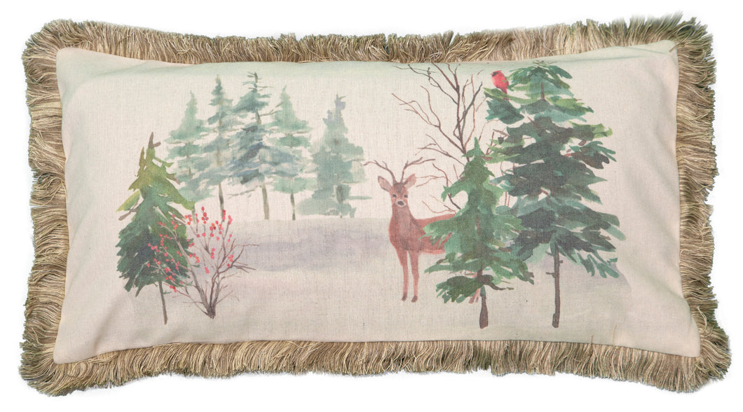 Watercolor Deer in Pines Pillow