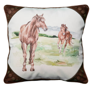 Watercolor Two Horses with Rivets Pillow