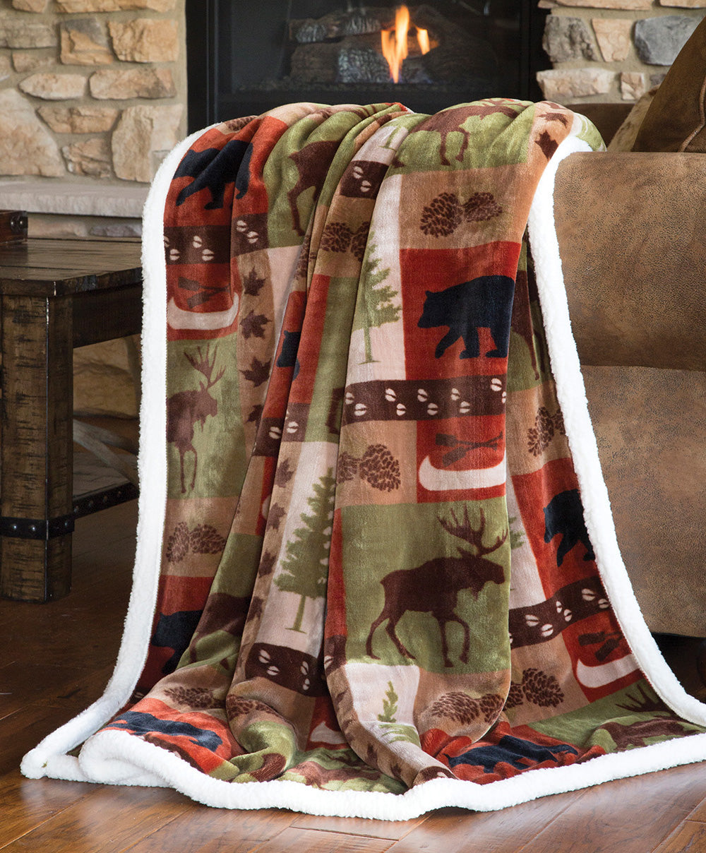 Patchwork Lodge Plush Sherpa Throw
