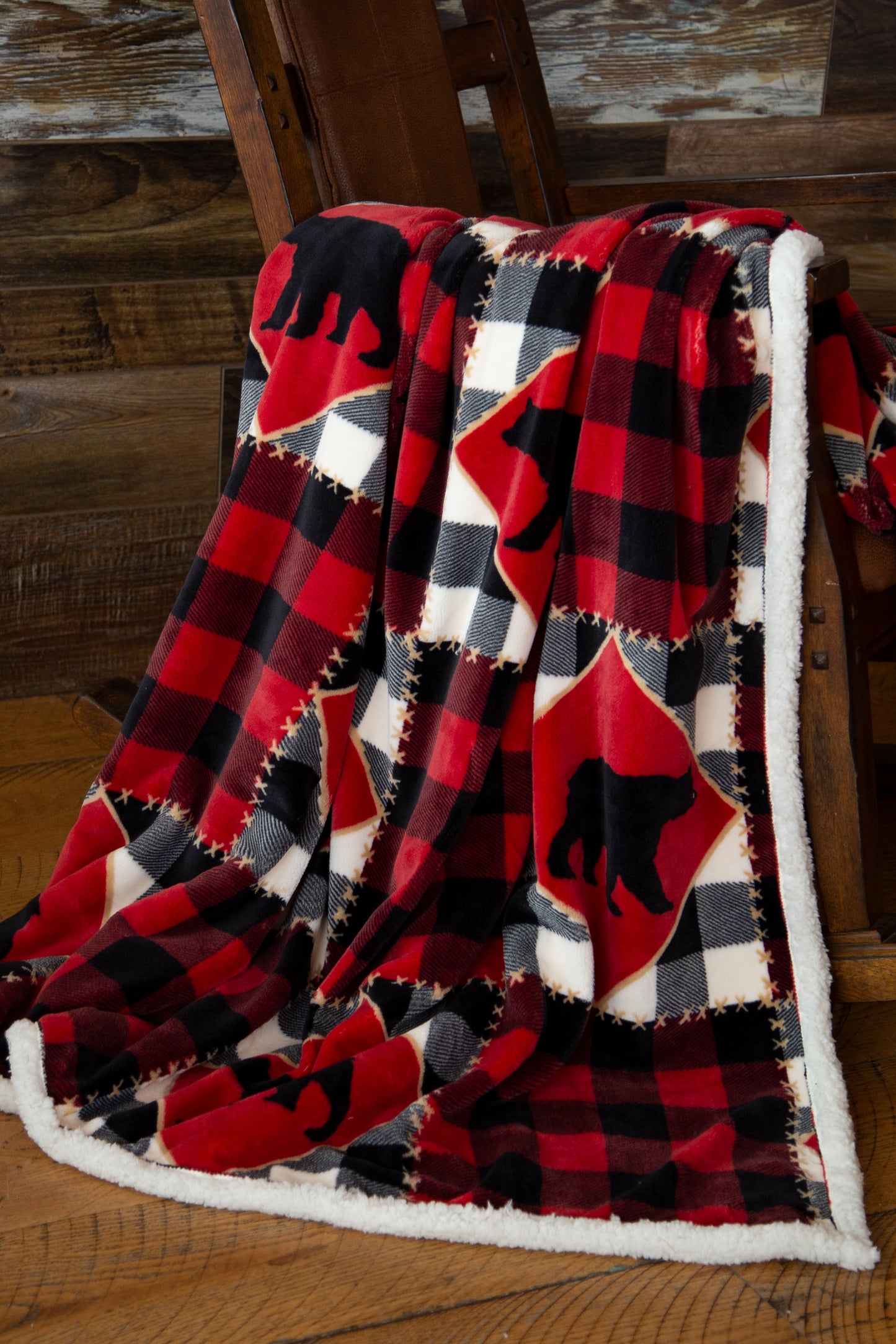 Lumberjack Bear Red Plaid Plush Sherpa Throw