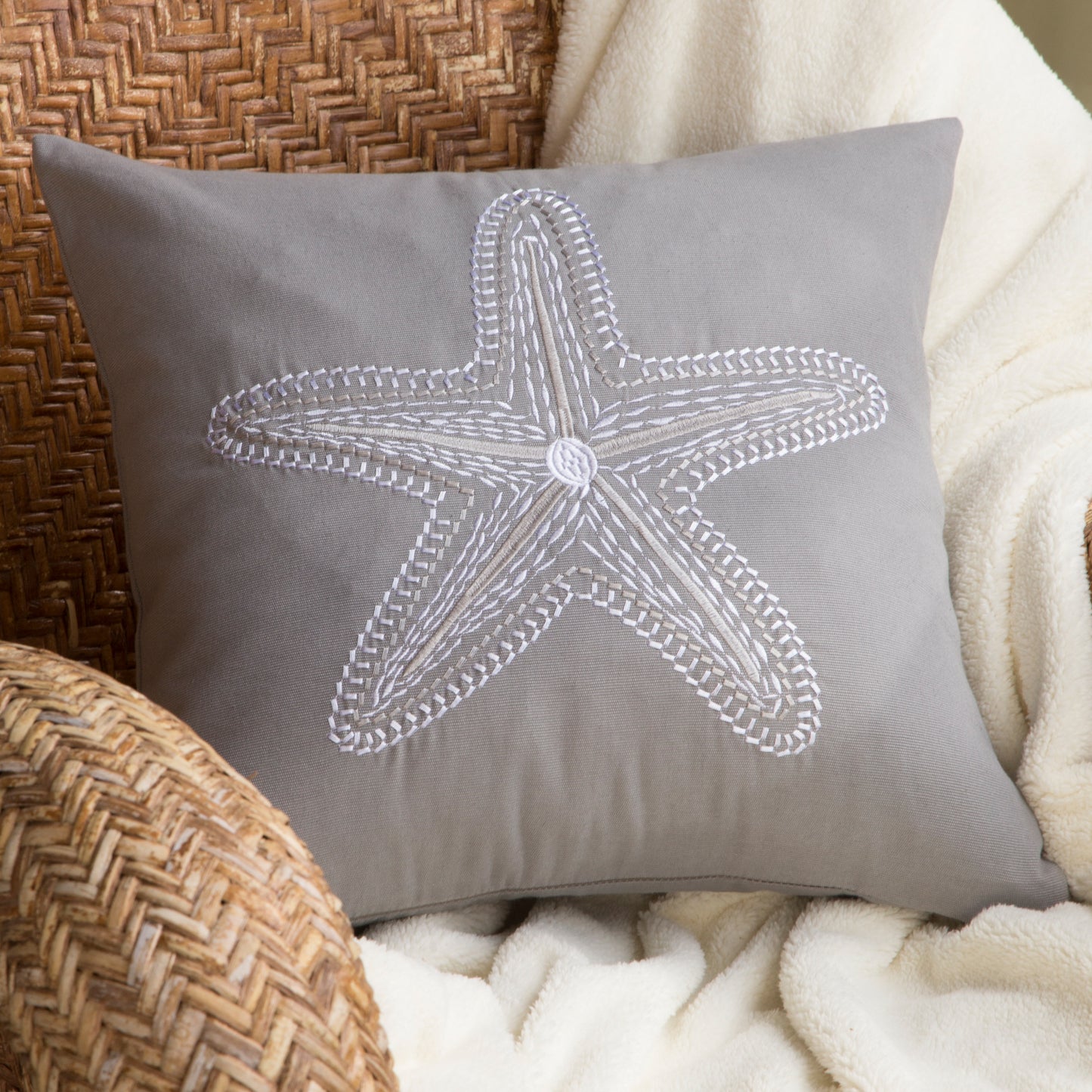 Embroidered Grey Starfish Pillow